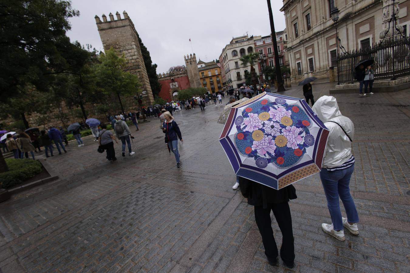 Los paraguas han inundado las calles del Centro de Sevilla durante el día de la Fiesta Nacional