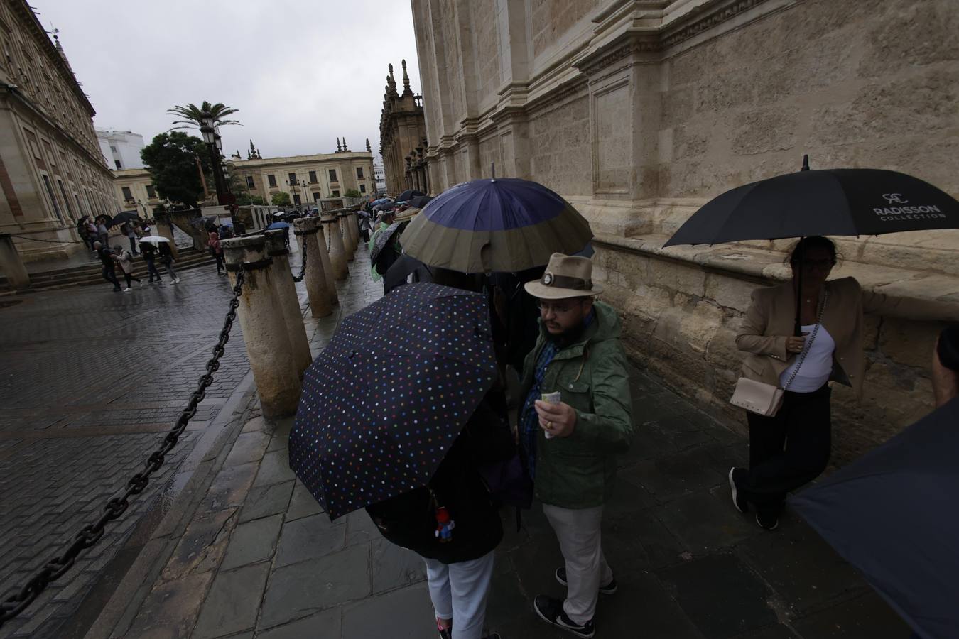 Los paraguas han inundado las calles del Centro de Sevilla durante el día de la Fiesta Nacional