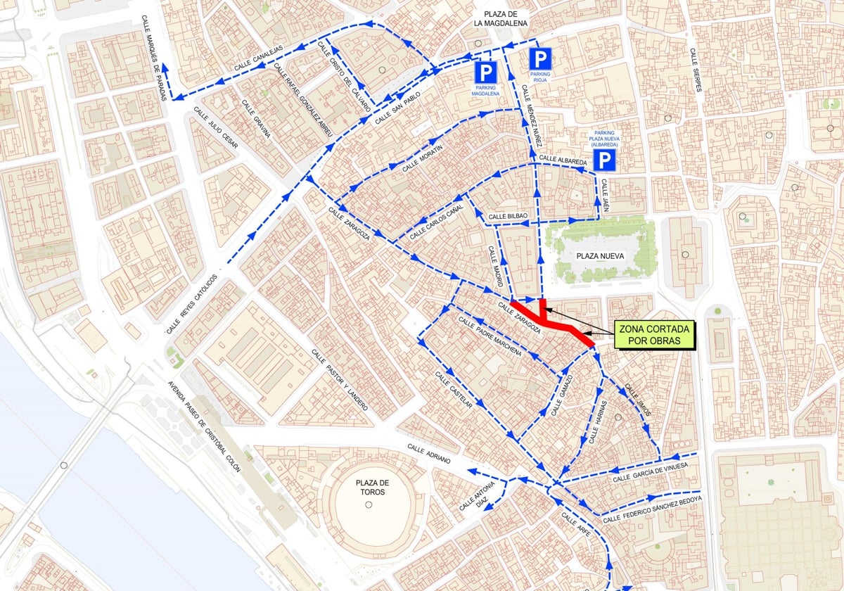 Mapa de como afectará las obras en la calle Zaragoza al tráfico de la zona