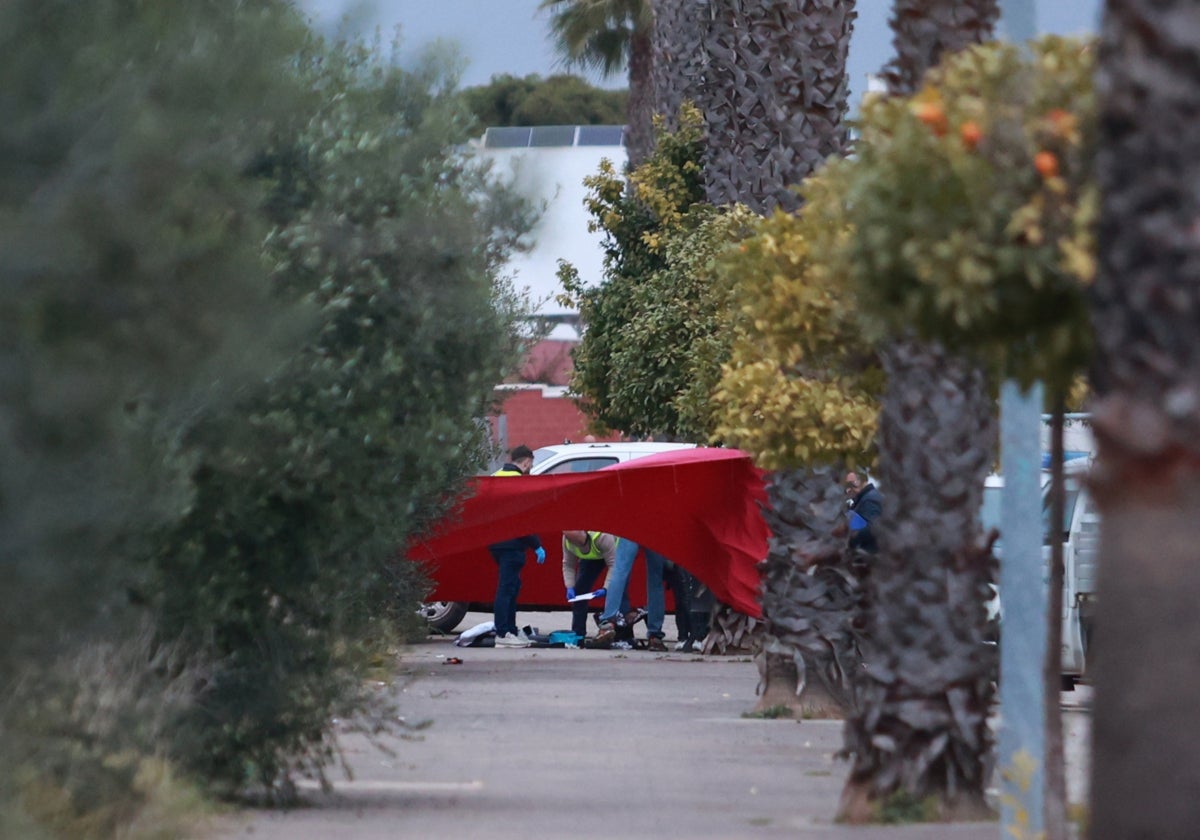 El lugar del asesinato, acordonado por la Guardia Civil y la Policía Local de Gerena