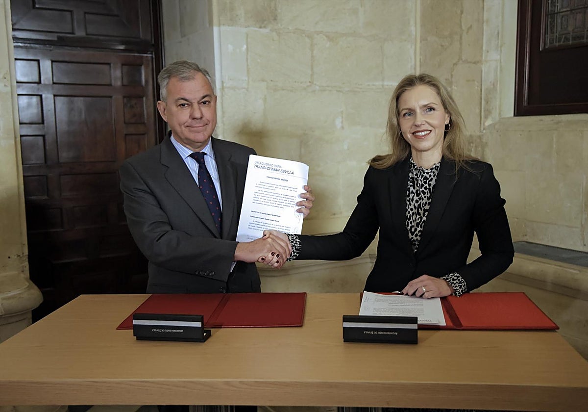 José Luis Sanz y Cristina Pelaéz durante la firma del pacto para los presupuestos