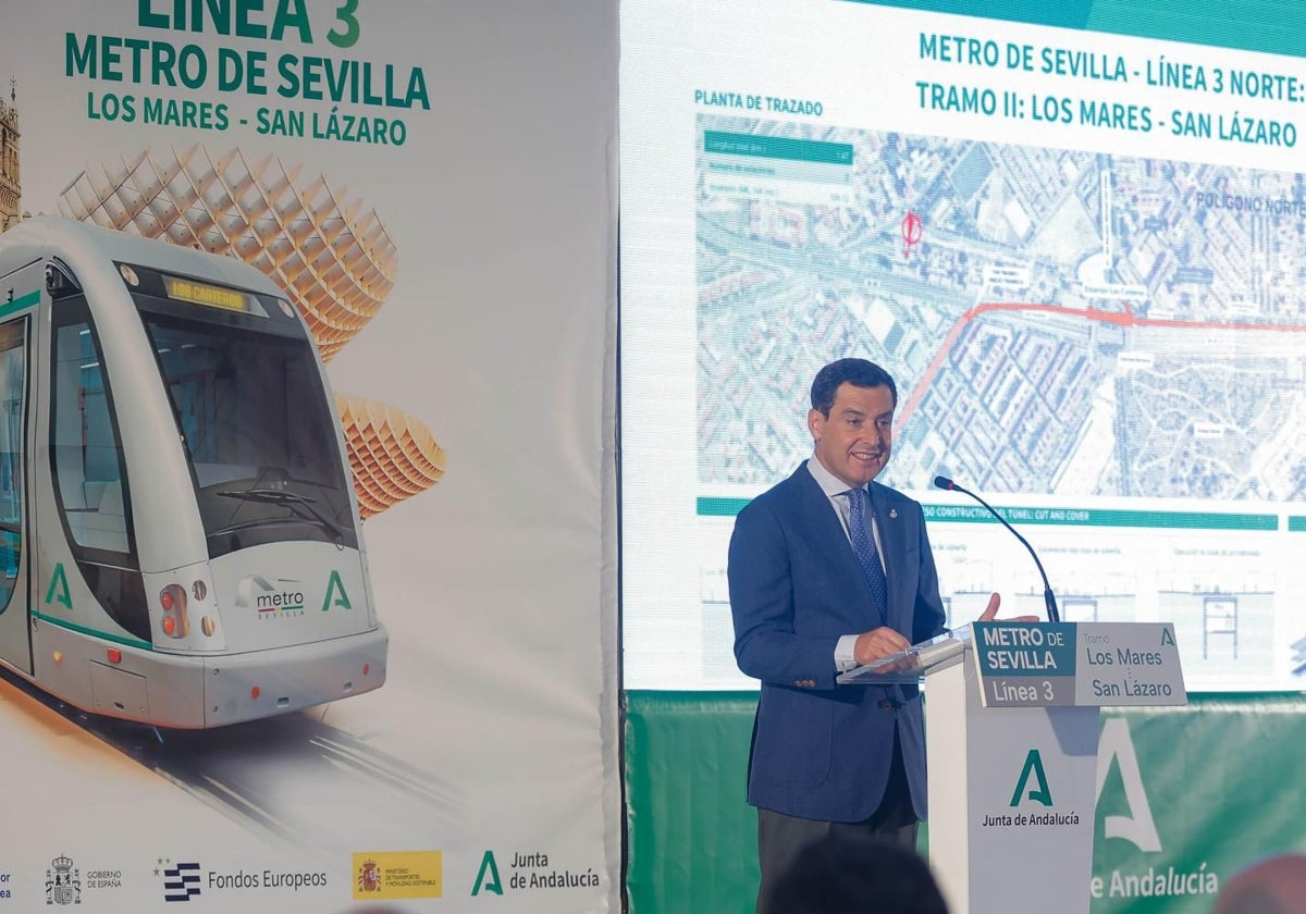 Juanma Moreno en el acto de inicio de obra del tramo 2 de la línea 3 Norte del Metro de Sevilla