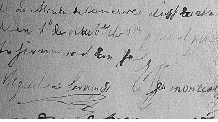Detalle del libro de matrículas de la Universidad de Osuna donde aparece la firma de Cervantes