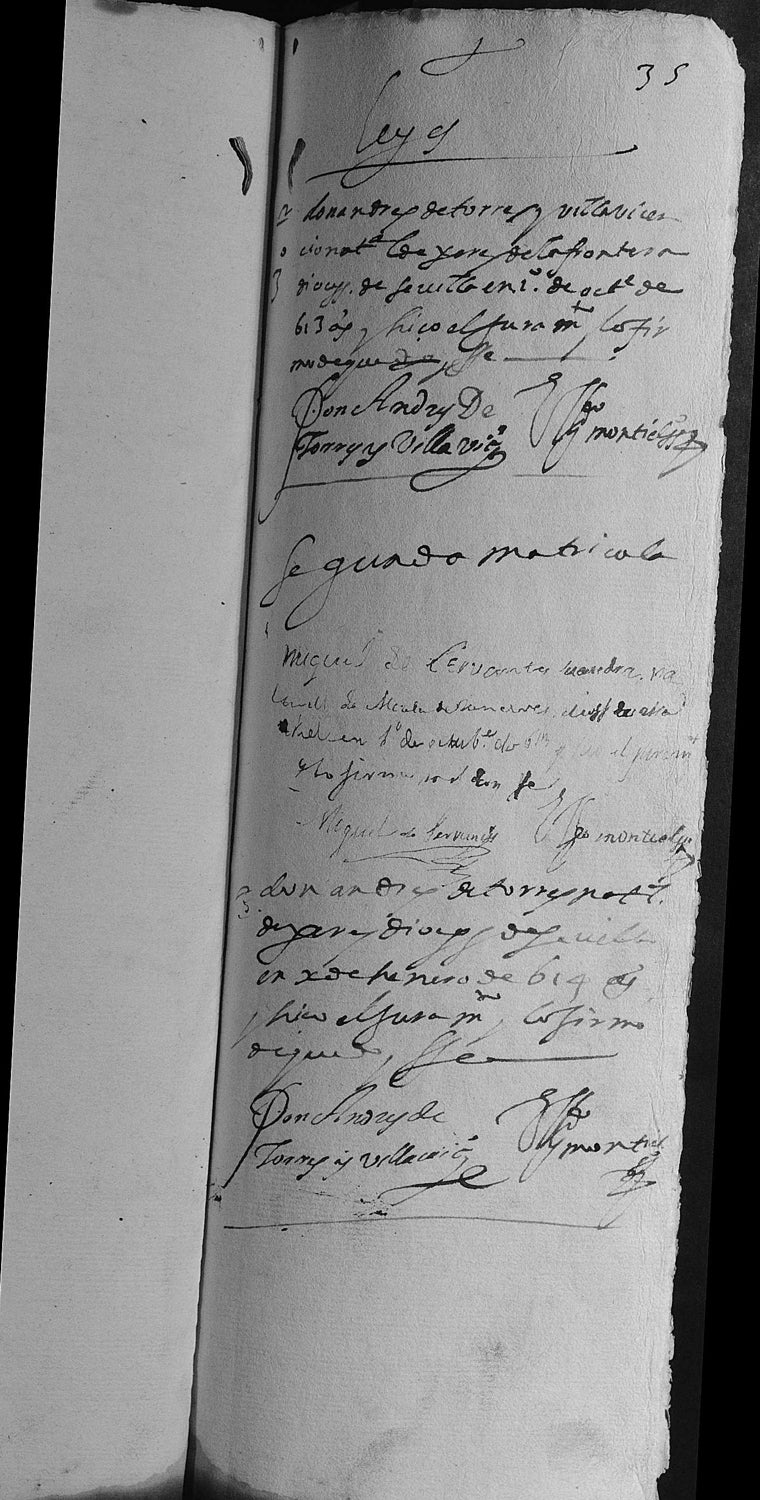 Libro de matrículas de la Universidad de Osuna en el folio donde está la firma de Cervantes