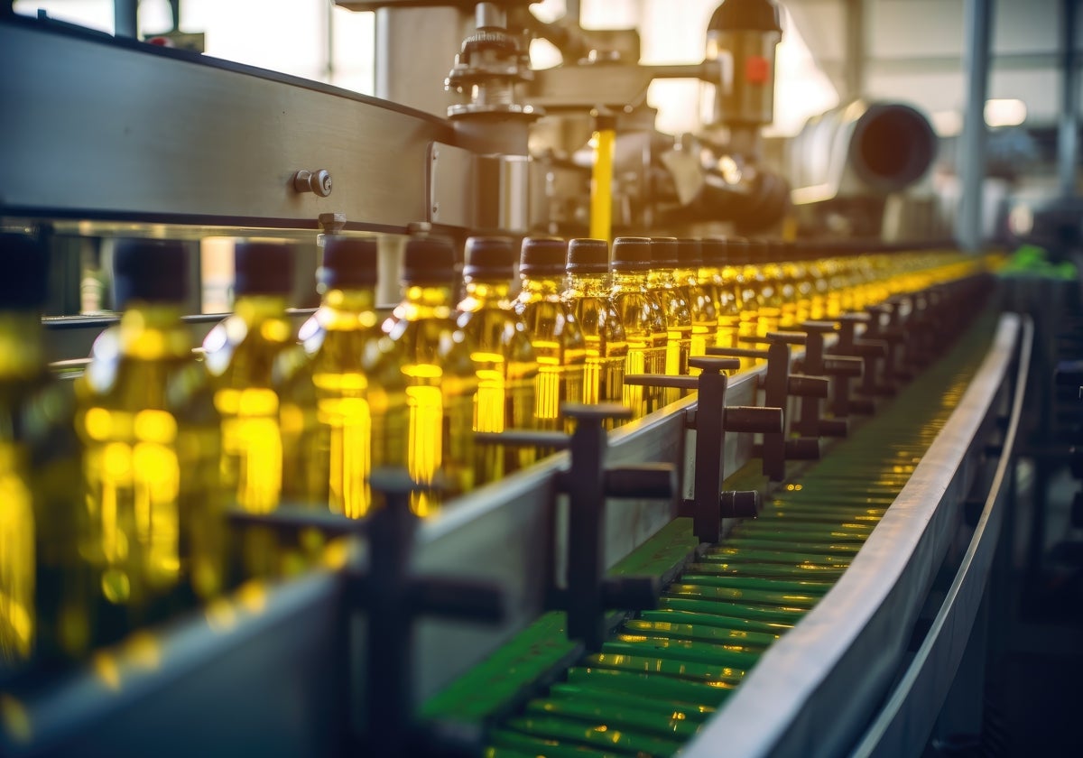 Botellas de aceite de oliva en una envasadora andaluza