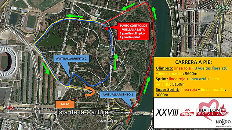 Recorrido de la carrera a pie del Triatlón de Sevilla 2025