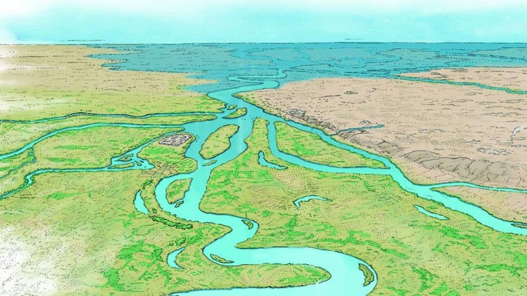 Imagen de la Ispal primitiva en el entorno lacustre original en torno al s. VIII a. C. A la derecha la loma del Aljarafe y al fondo el Estrecho de Caura (Coria), la salida al mar en tiempos de los fenicios. Imagen: Arturo Redondo (AGUA, TERRITORIO Y CIUDAD) Junta de Andalucía