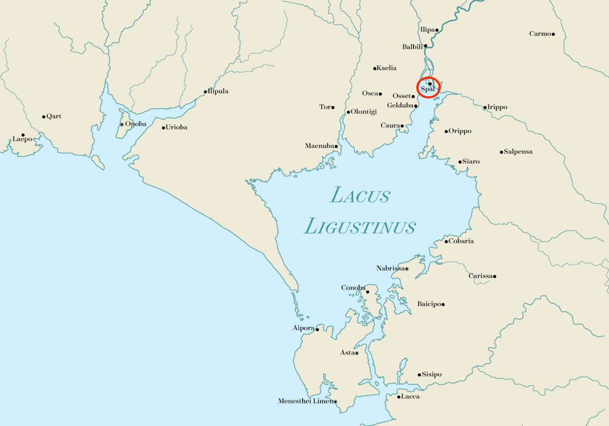 Reconstrucción hipotética del Lacus Ligustinus en el siglo VI a. C. El gran estuario atlántico que se adentraba en el interior del actual Bajo Guadalquivir y que permitía la navegación hasta enclaves como Ispal (Sevilla), señalado en rojo. Un paisaje de marismas, meandros e islas fluviales que explica el origen insular de Ispal y su papel como emporio fenicio.