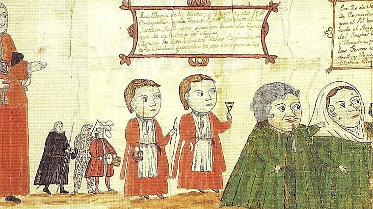 Gigantes y cabezudos en el cortejo del Corpus de Sevilla (s. XVIII). Estos elementos que animaban la procesión del Corpus sevillano fueron suprimidos por Carlos III en 1780.