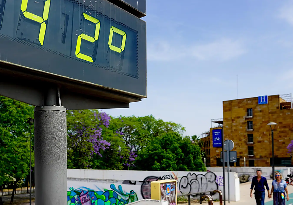 Imagen del termómetro del Puente del Cachorro, en Sevilla, marcando 42 grados