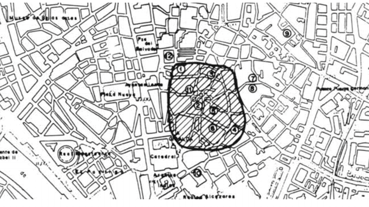 Perímetro aproximado e hipotético de la Sevilla prerromana, desde el entorno de la Cuesta del Rosario a Mateos Gago (norte-sur) y desde Placentines-Francos a Barrio de Santa Cruz (oeste-este). Imagen: Juan M. Campos Carrasco «La estructura urbana de la Colonia Iulia Romula Hispalis en época republicana»