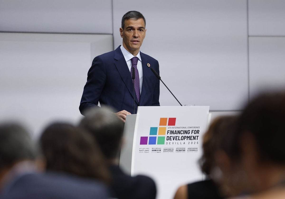 El presidente del Gobierno, Pedro Sánchez, en una intervención en la Cumbre de la ONU en Sevilla