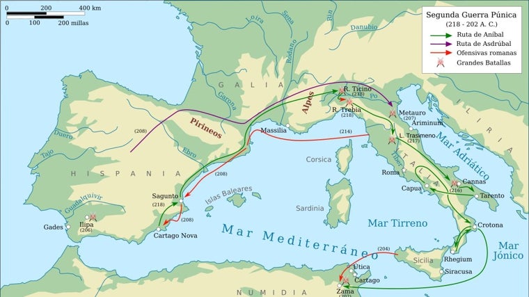 Principales rutas e hitos de la II Guerra Púnica en Hispania y en Italia