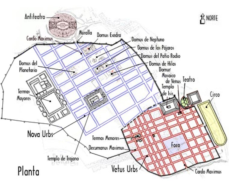 Plano de Itálica: la vetus urbs original bajo Santiponce y la nova urbs monumental posterior. Imagen: Spanisharts