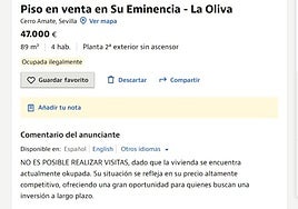 Un portal inmobiliario anuncia la venta de viviendas okupadas en Sevilla
