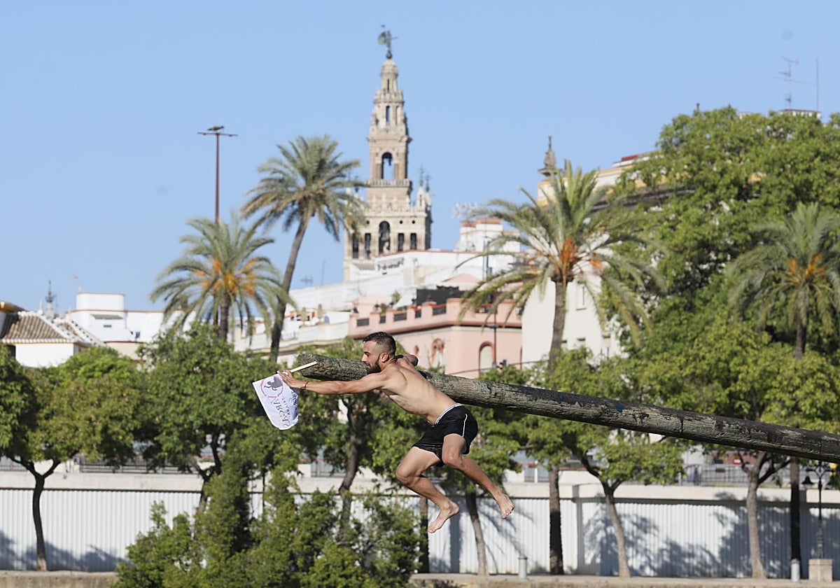 Una persona atrapa la bandera en la cucaña