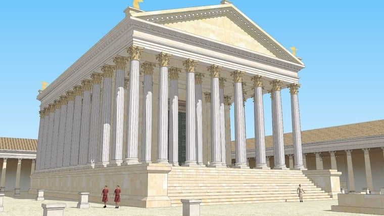 Recreación virtual del Traianeum de Itálica, el gran templo imperial dedicado al Divino Trajano por su sucesor Adriano. La imagen muestra su posible aspecto original en el corazón de la Nova Urbs, con pórtico columnado, frontón decorado y acceso monumental