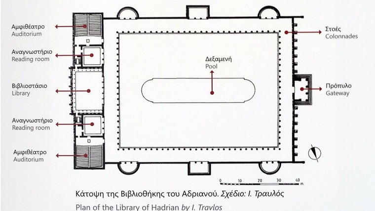 Planta de la Biblioteca de Adriano en Atenas, que replica la disposición y arquitectura del Traianeum de Itálica en su plaza porticada con exedras