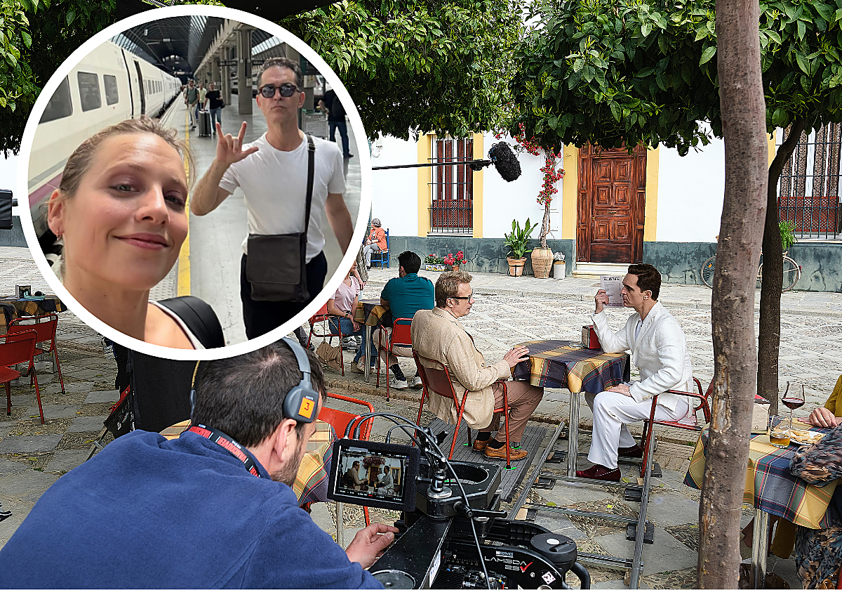 Montaje Pedro Alonso y Michelle Jenner en el rodaje de la nueva temporada de Berlín en Sevilla