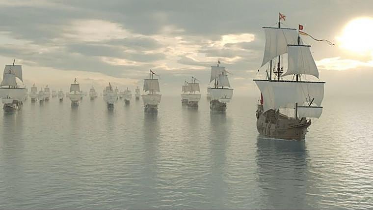 Recreación de una Flota de Indias a su paso por el Atlántico