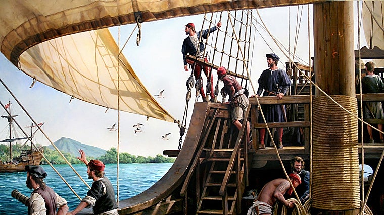 Elcano y sus tripulantes a bordo de la Nao Victoria. Cuadro del pintor Augusto Ferrer-Dalmau.