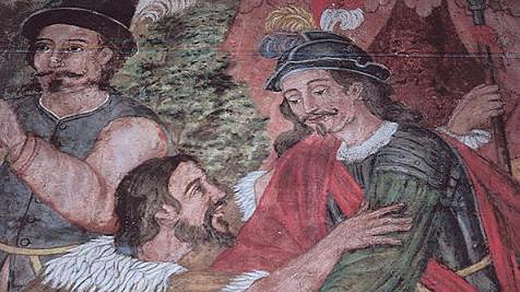 Mural en el Ayuntamiento de San Cristóbal de La Laguna que muestra la rendición de los guanches de Tenerife ante Alonso Fernández de Lugo, natural de Sanlúcar de Barrameda y conquistador de Canarias, el 25 de julio de 1496.