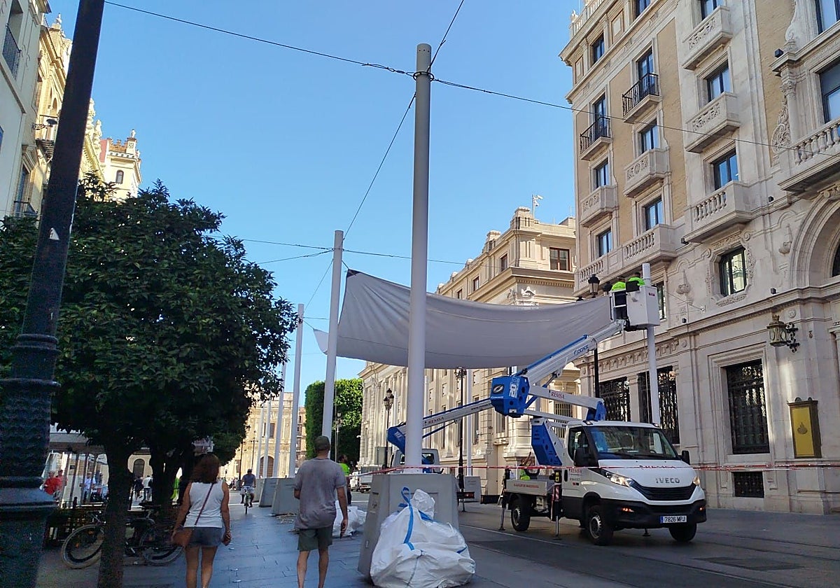 Comienza la instalación de los restantes toldos de la avenida de la Constitución salvo los del Banco de España