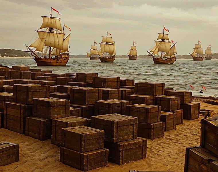 Recreación de la Flota de Tierra Firme fondeada en Sanlúcar de Barrameda antes de zarpar