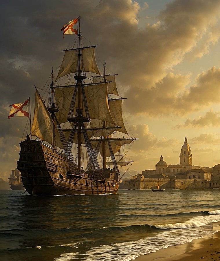 Recreación histórica de un galeón de la Flota de Indias fondeado en la Bahía de Cartagena de Indias