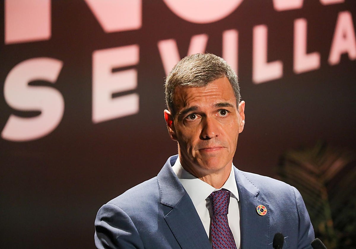 Pedro Sánchez, presidente del Gobierno de España, en su intervención en un acto previo a la Cumbre de la ONU celebrada en Sevilla