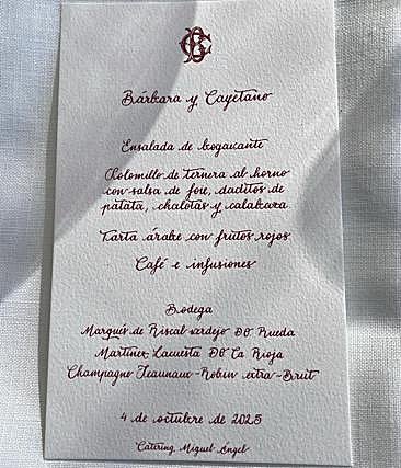 El menú completo de la boda en la finca de las Arroyuelas