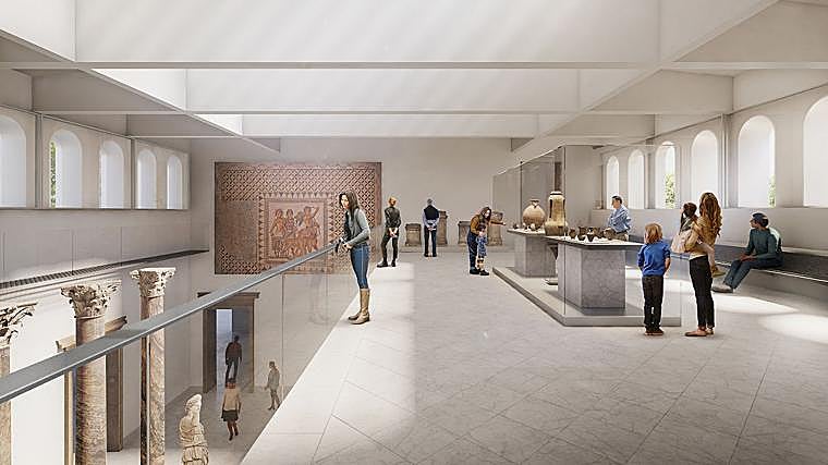 Recreación de una sala del Arqueológico, con el mosaico del Triunfo de Baco procedente de Écija de fondo