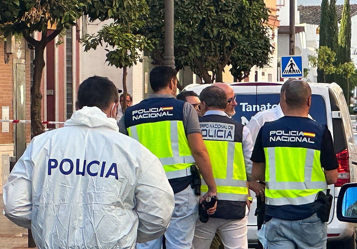 Agentes de la Policía Nacional durante la investigación este sábado en la calle Real de Utrera