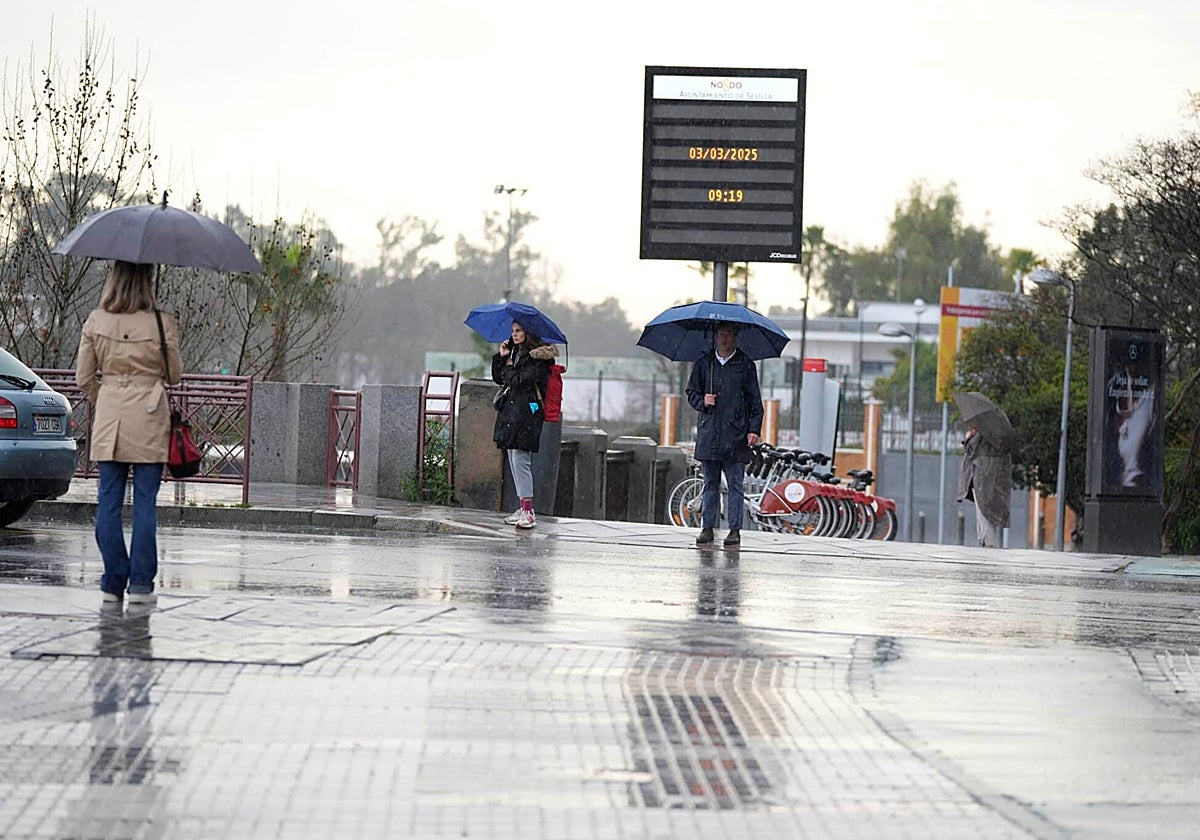 Gente paseando con paraguas en la Plaza de Cuba, junto al Puente de San Telmo, durante un día de lluvia en Sevilla