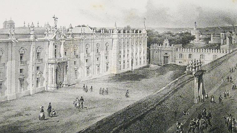 Lithograph of the tobacco factory showing the prison building, twin of the chapel, in 1856
