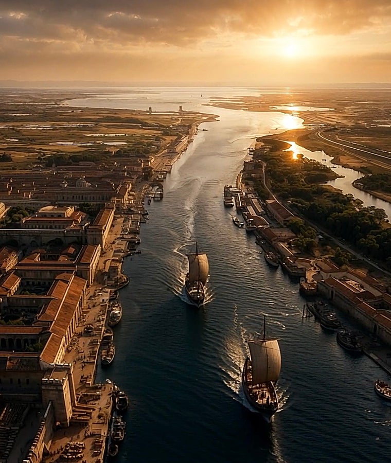 Recreación de los barcos de aceite de la Bética remontando el río Tíber camino del Testaccio