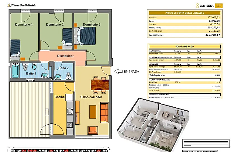 Plano de una de las viviendas de tres dormitorios de tipo A que ofrece Emvisesa en esta promoción