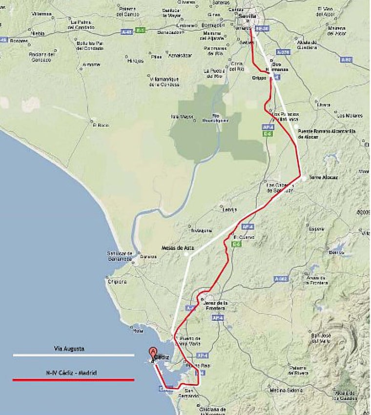 Superposición aproximada del trazado de la Via Augusta (blanco) y la N-IV (rojo)