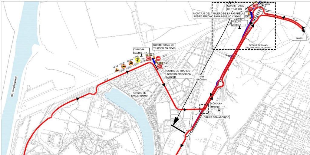 Corte total de la SE-20 por el avance de la ejecución de obras del carril bici en La Rinconada
