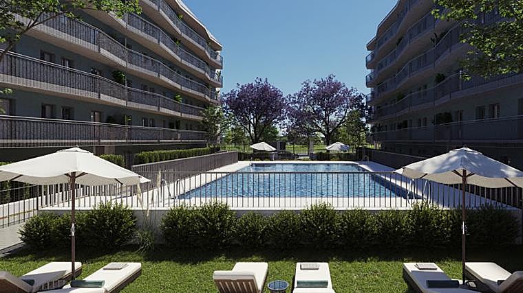 Vista de los bloques de pisos y piscina