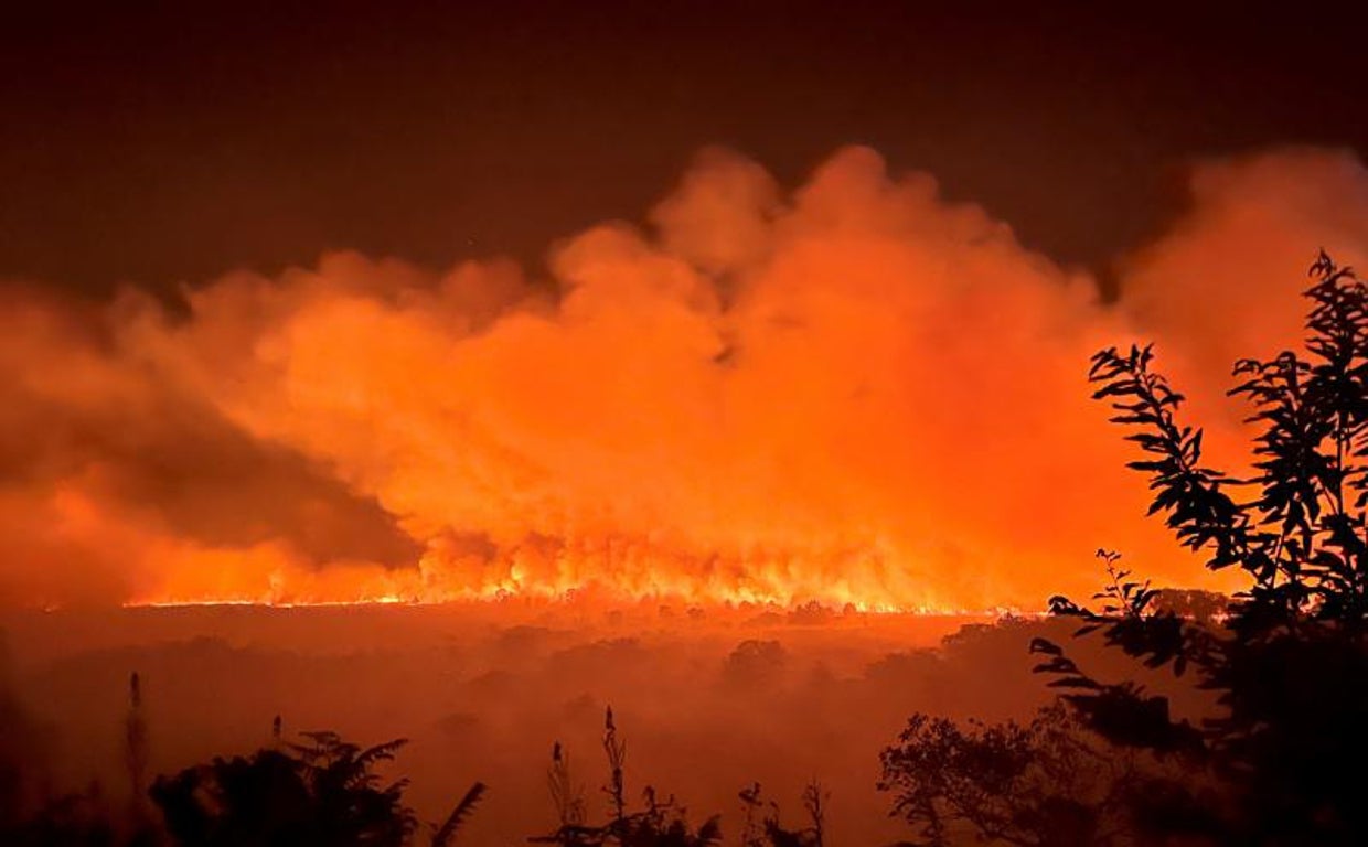 Árboles y vegetación ardiendo en medio de un incendio que estalló en Monts d'Arree en Brasparts, en Bretaña, Francia