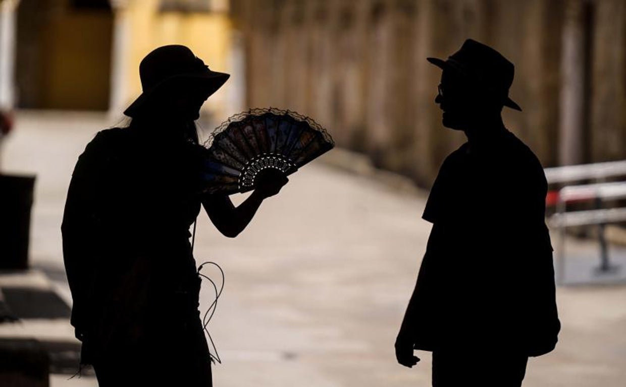 Unos turistas se refugian a la sombra en el patio de los Naranjos de la Mezquita-Catedral de Córdoba