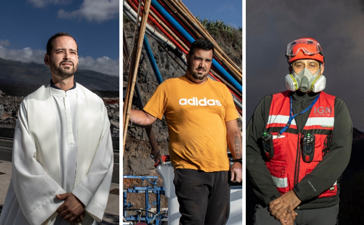 Alberto Hernández, párroco de Todoque; Juan Manuel Trujillo, patrón de la Cofradía de pescadores de Tazacorte; y Stavros Meletlidis