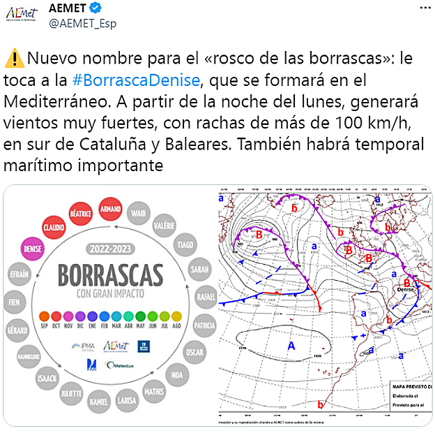 El aviso de la Aemet sobre la borrasca Denise: alerta en 37 provincias por lluvia, viento y nevadas