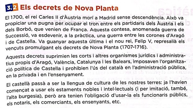 El manual de 4º de ESO afirma que «prohibieron el uso del catalán en la administración pública y ámbito culturales»