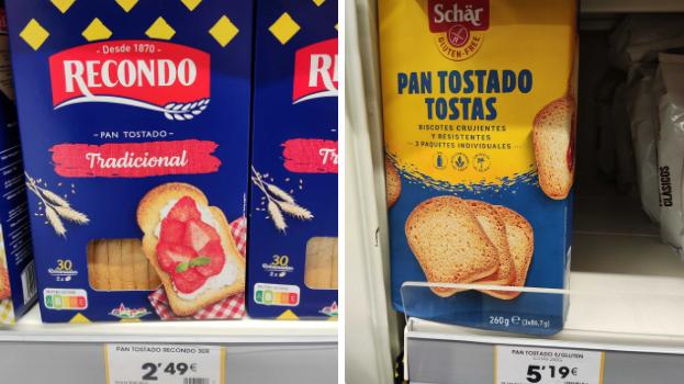 Comparación de dos tipos de pan tostado con y sin gluten en un mismo supermercado.