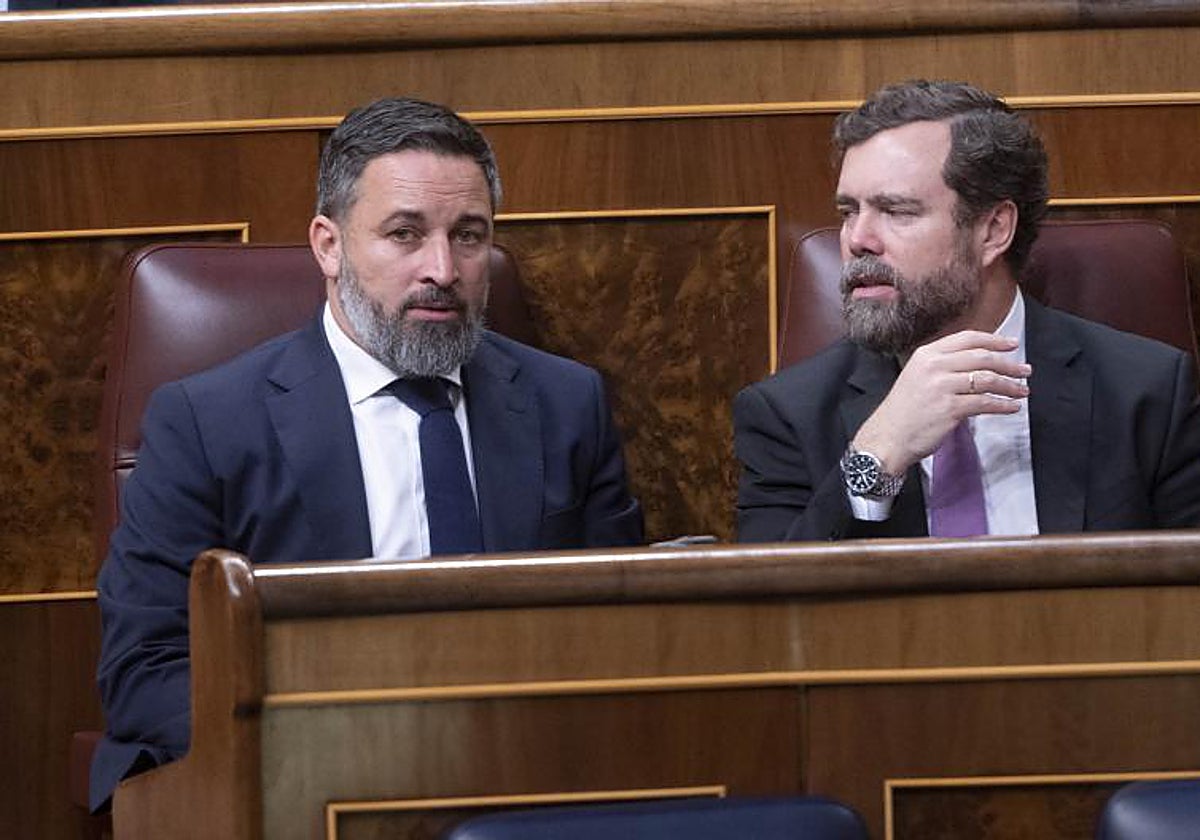 El líder de Vox, Santiago Abascal (a la izquierda) y el portavoz de Vox en el Congreso, Iván Espinosa de los Monteros (d), conversan durante una sesión plenaria en el Congreso