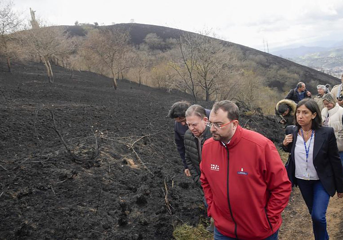 El presidente del principado de Asturias, Adrián Barbón (c), acompaña al alcalde de Oviedo, Allfredo Canteli (2i), durante su visita, ayer, a las zonas quemadas del Monte Naranco de Oviedo