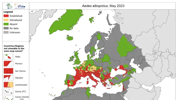 Mapa que indica en qué países está asentado el mosquito tigre