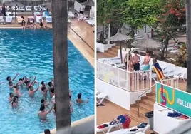 Se cuelga la bandera independentista al cuello en la piscina del hotel y sus amigos le cantan 'Viva España'